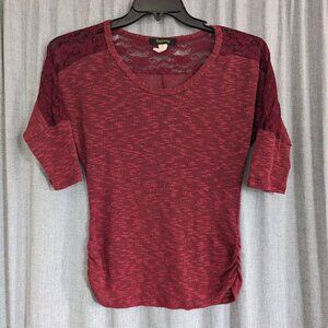 Whimsigoth Grunge 90s VTG Blouse Size S Red Burgundy Lacy Elbow Length Sleeves